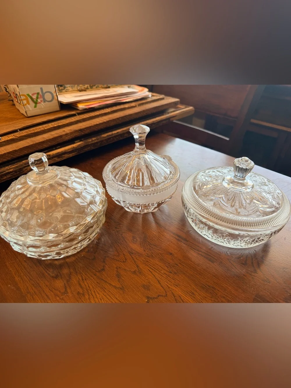 Set of 3 Vintage Clear Glass Lidded Candy Dish - with Lids Cute Candle Making